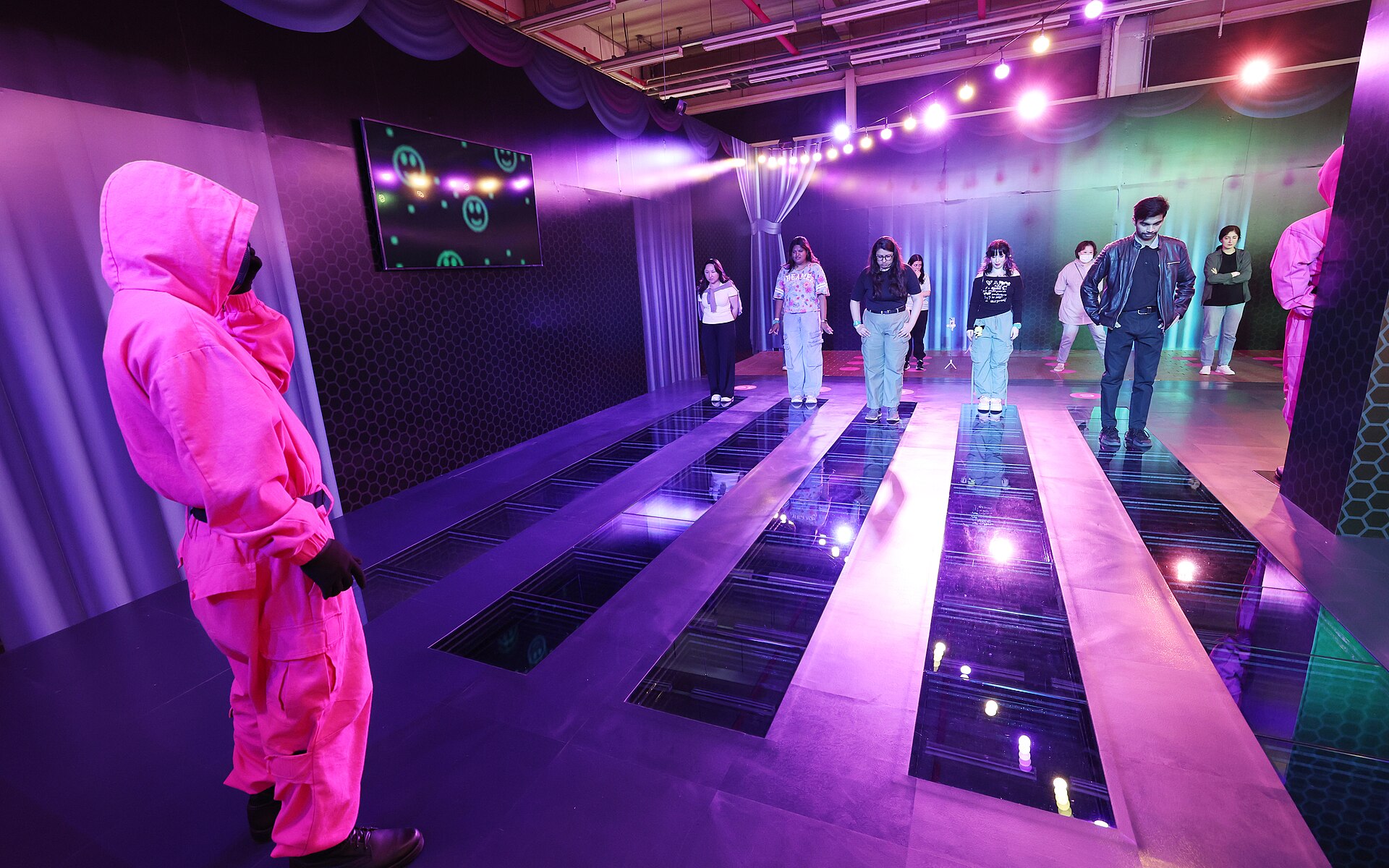 Glass bridge with pink guard